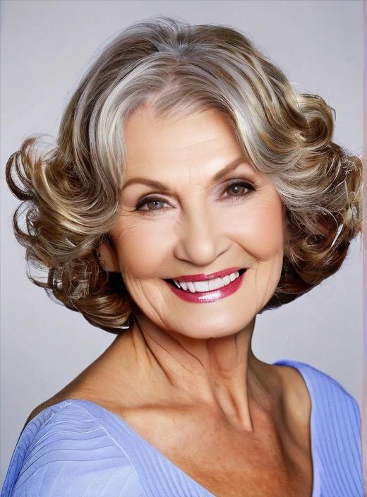 Curled ends medium-length hairstyle for women over 60, with soft curls at the ends for a feminine touch.