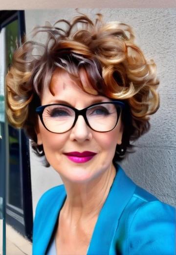 Curly Voluminous Pixie Hairstyle for Women Over 50 with Glasses.