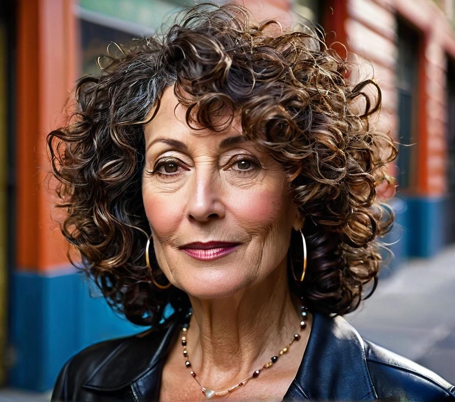 Curly bob with tapered ends for women over 50, adding shape and volume to thick curly hair.