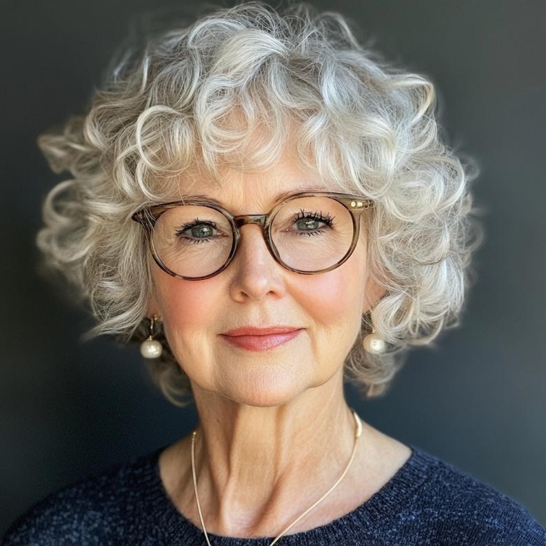 Curly crop cut for women over 70 with glasses, a low-maintenance style that embraces natural texture.