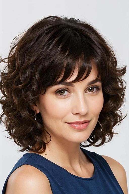 Curly lob with fringe adding a modern and trendy touch to a woman over 50