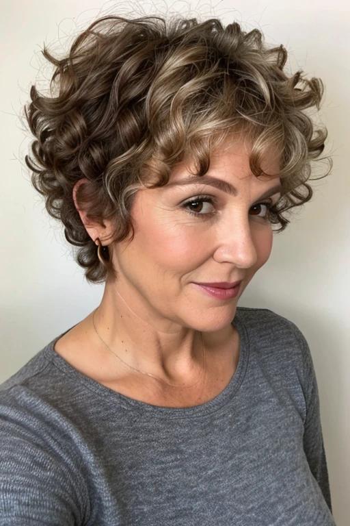 Curly pixie cut for women over 50 with fine hair, adding texture and volume with soft curls.