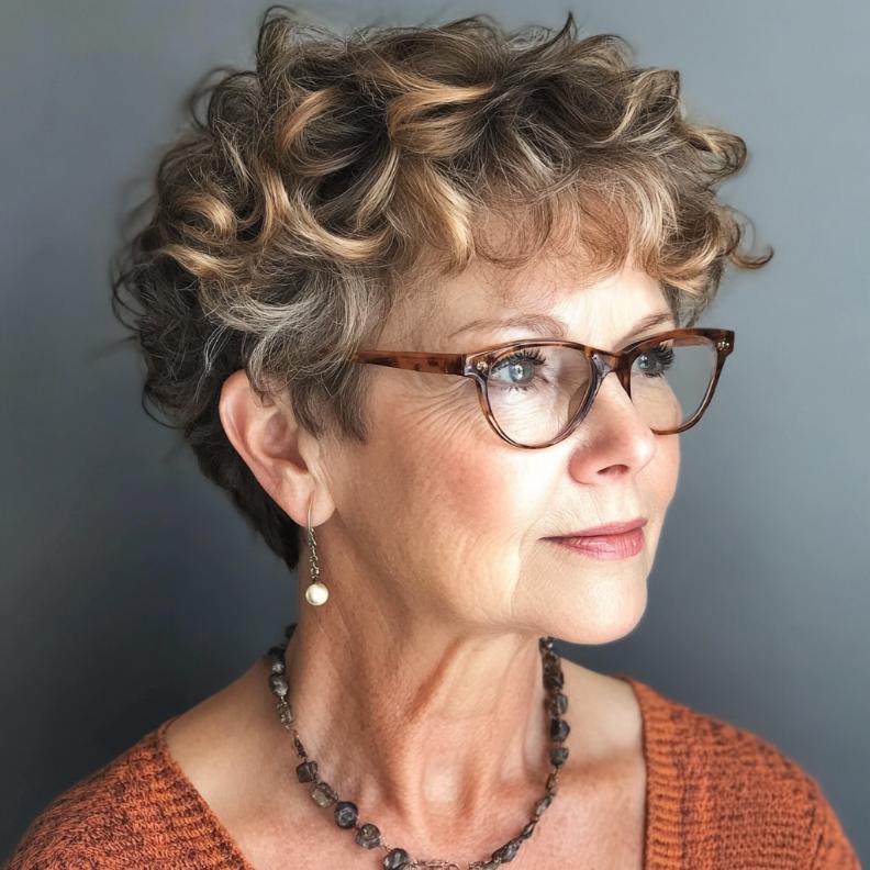 Curly pixie cut for women over 70 with glasses, embracing natural curls for a playful and fun style.