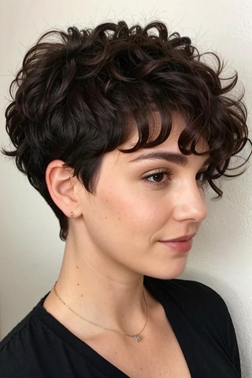 Curly pixie with undercut providing a modern and edgy look for a woman over 50