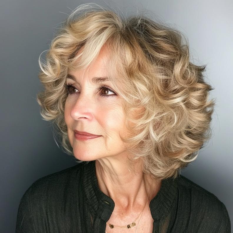 Curly shag hairstyle for women over 60, showcasing natural waves that enhance movement and volume