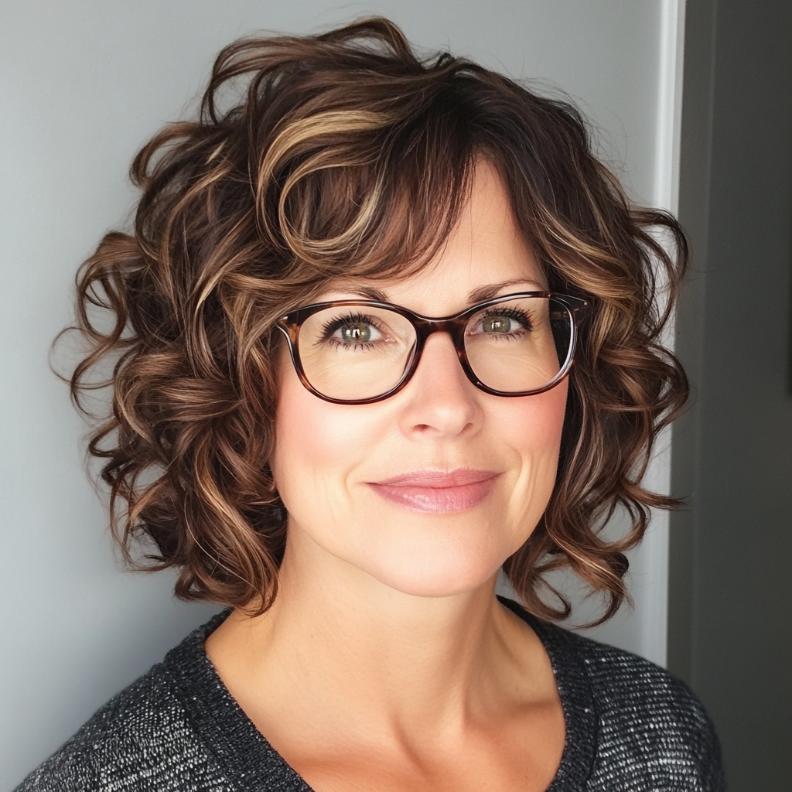 Defined, sculpted curls that create a polished and sophisticated look for women over 40 with glasses.