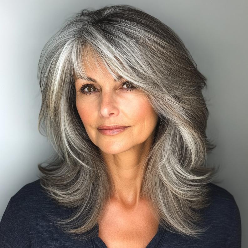 Delicate gray wispy layers with side bangs for women over 50, adding a soft and feminine touch.