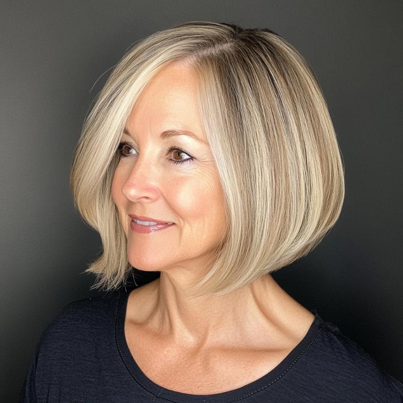 Dimensional Bob with Highlights for women over 50, featuring subtle highlights that add depth and contrast.