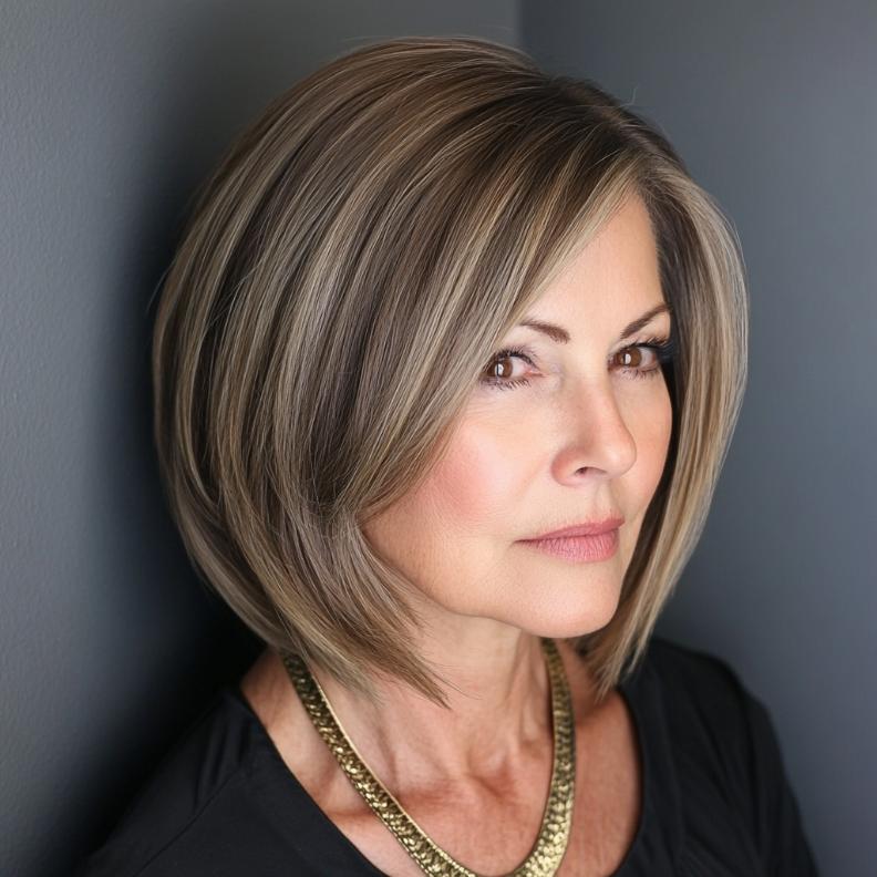 Dramatic Bob with a Deep Side Part for women over 50, emphasizing a strong side part that adds volume and flair.