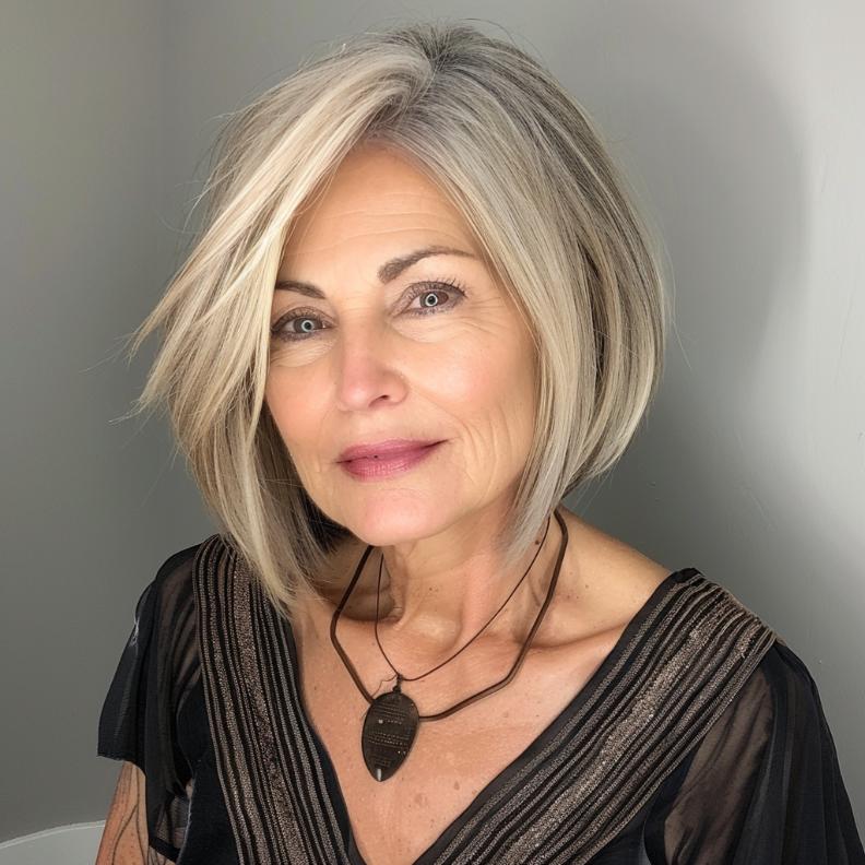 Edgy Asymmetrical Bob for Women Over 60 with Fine Hair, featuring a trendy, volumizing shape