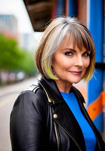 Edgy woman over 50 with a choppy bob and textured bangs, offering a playful and youthful look.