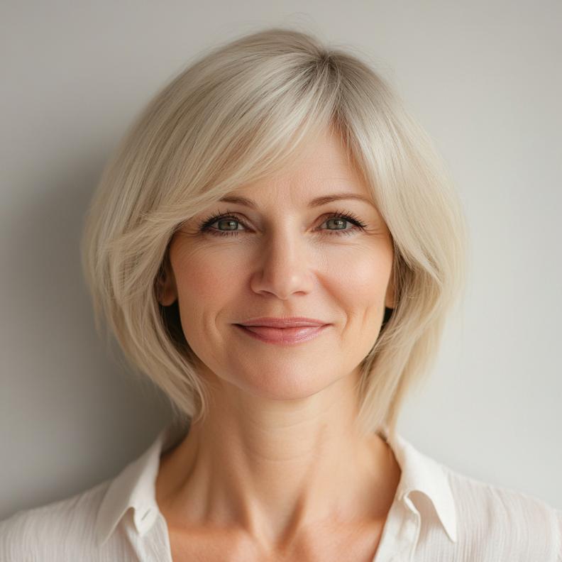 Elegant Bob with Side-Swept Bangs for women over 50, offering soft bangs that sweep across the forehead.