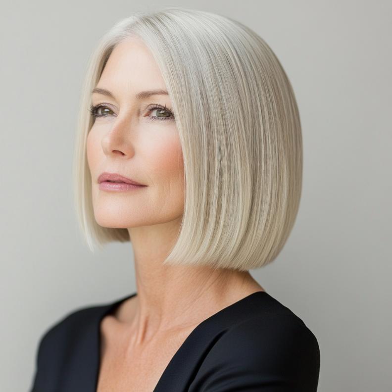 Elegant Classic Blunt Bob hairstyle for women over 50, featuring straight, chin-length hair with a sharp, clean edge.