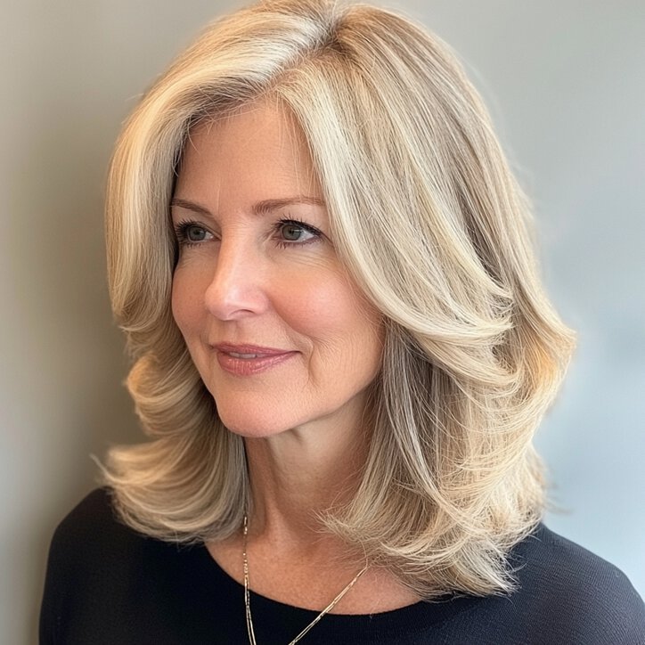 Elegant Layered Lob for women over 50, combining a long bob with layers for a voluminous and textured appearance.