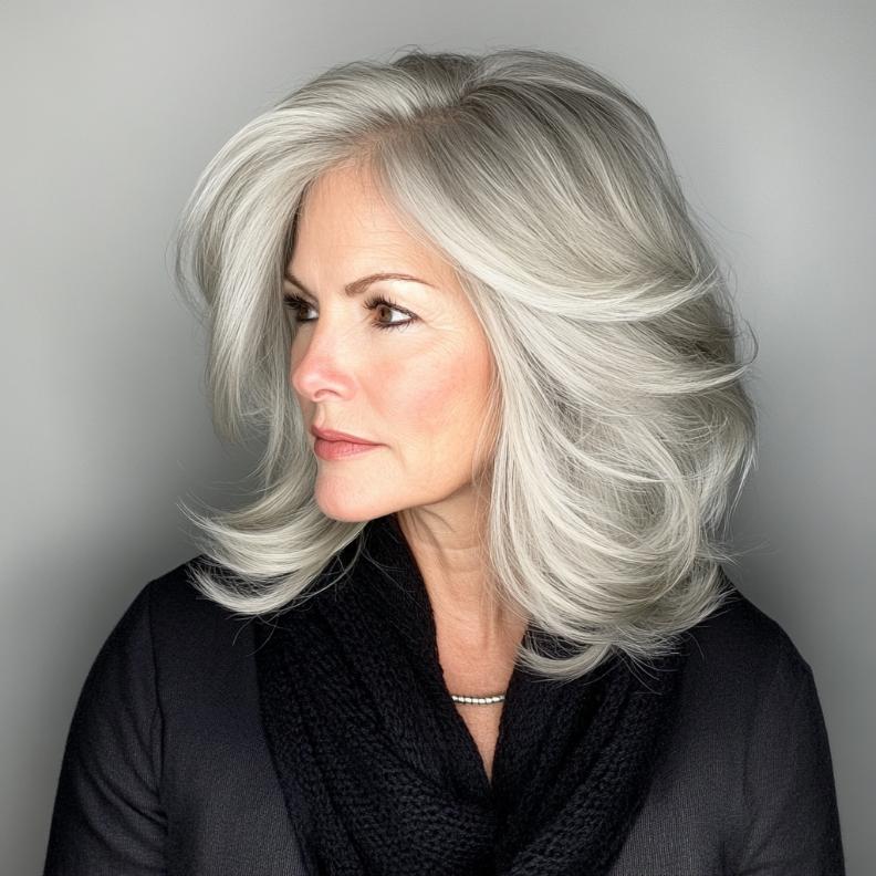 Elegant gray feathered layers with volume for women over 50, offering a light and airy appearance.