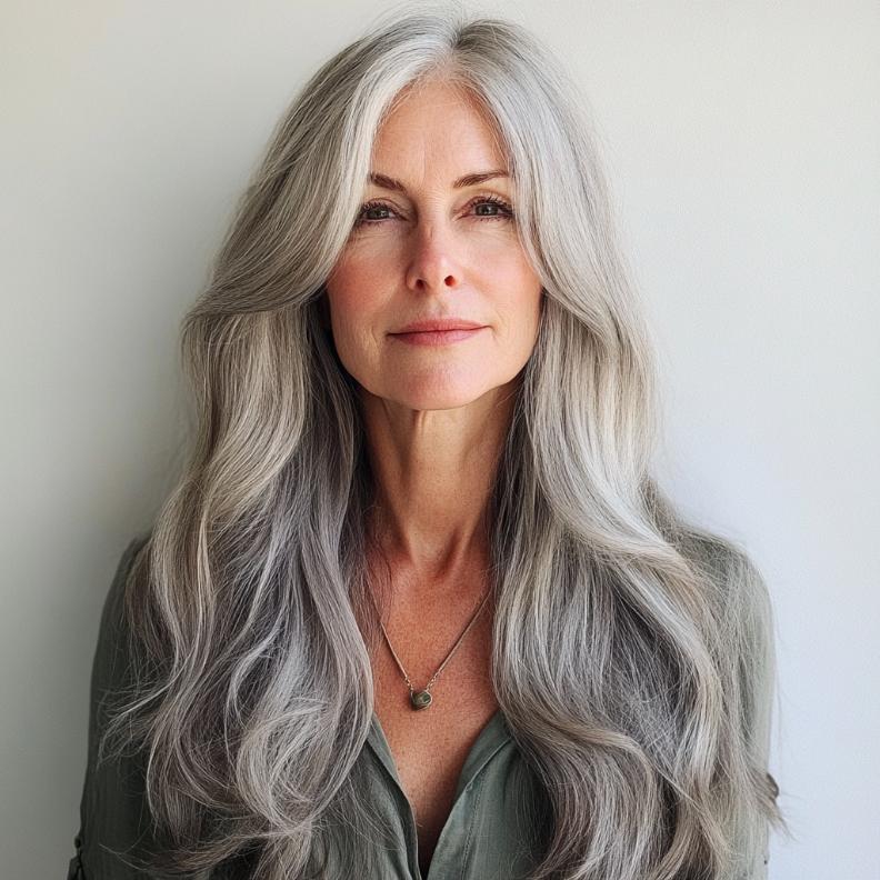 Elegant gray long wavy layers for women over 50, providing a soft and flowing hairstyle.