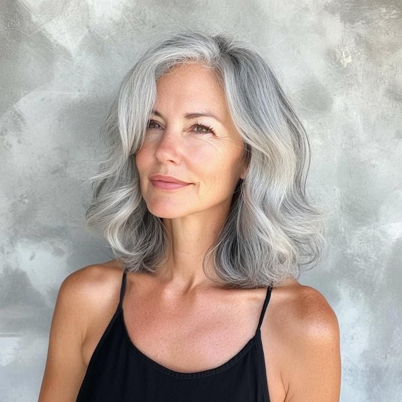 Elegant gray shoulder-length waves for women over 50, offering a soft and feminine appearance.