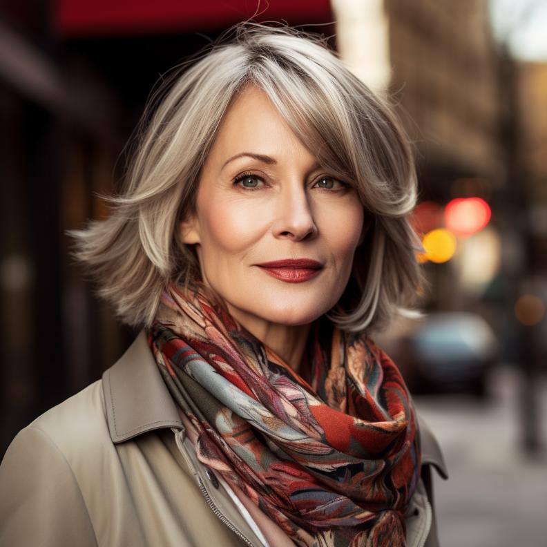 Elegant layered bob with side-swept bangs for women over 50, adding volume and movement to thick hair.