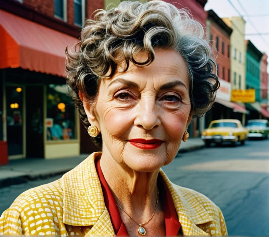 Elegant senior woman with a curly pixie cut, capturing a spirited look.