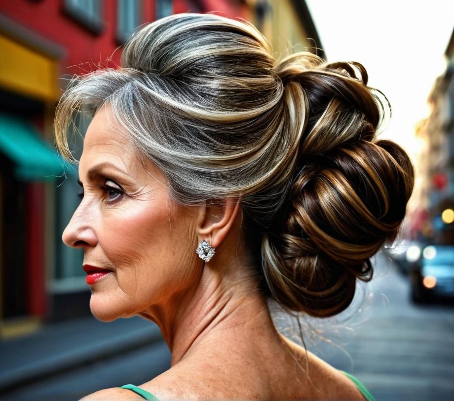 Elegant updo with soft tendrils for women over 50, perfect for showcasing thick hair in a refined and sophisticated style.