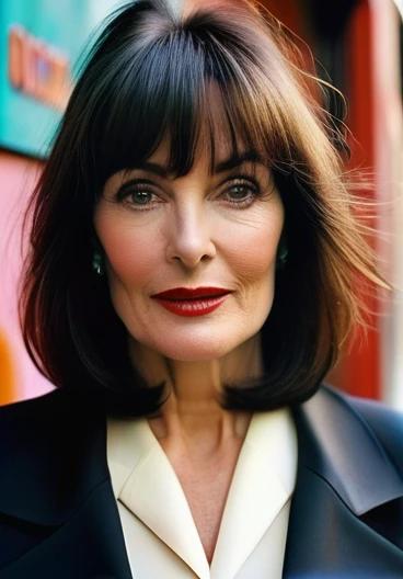 Elegant woman in her 50s with a blunt lob and eye-grazing bangs, delivering a sophisticated and stylish appearance.