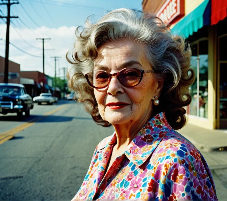 Elegant woman over 70 with voluminous curls, looking full of life and grace.