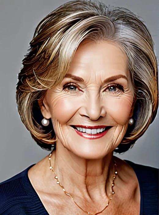 Face-framing layers medium-length hairstyle for women over 60, highlighting facial features with strategic layers.