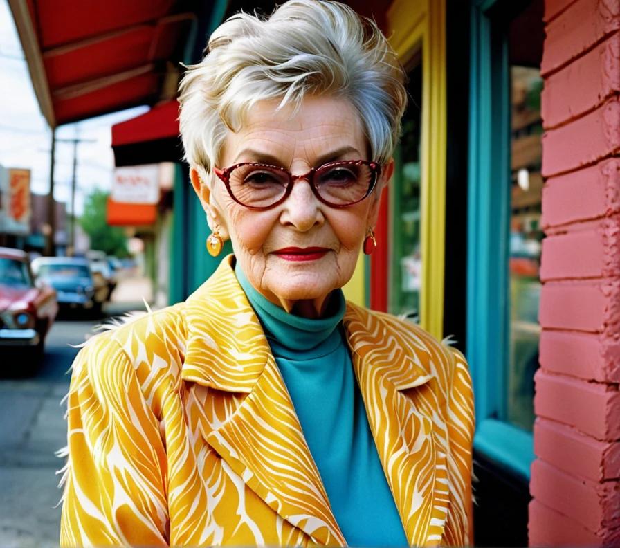 Fashionable elderly woman with a feathered pixie cut, showcasing modern flair.