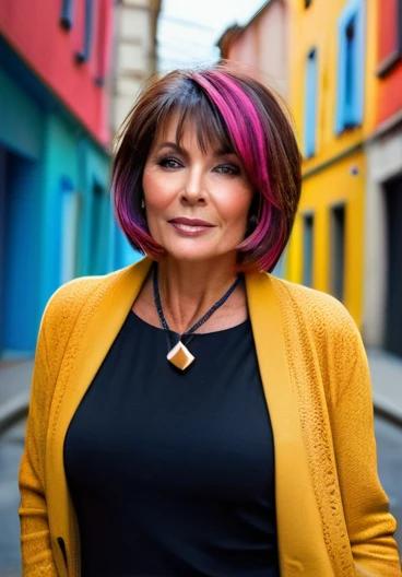 Fashionable woman in her 50s with a layered bob and angled bangs, delivering a dynamic and stylish hairstyle.