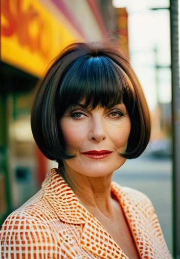 Fashionable woman over 50 with a tapered bob and full bangs, delivering a bold and confident look.