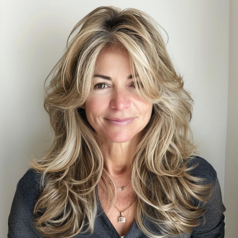 Feathered Layers for Women Over 40 with Thick Hair, adding softness and dimension to a full-bodied hairstyle.