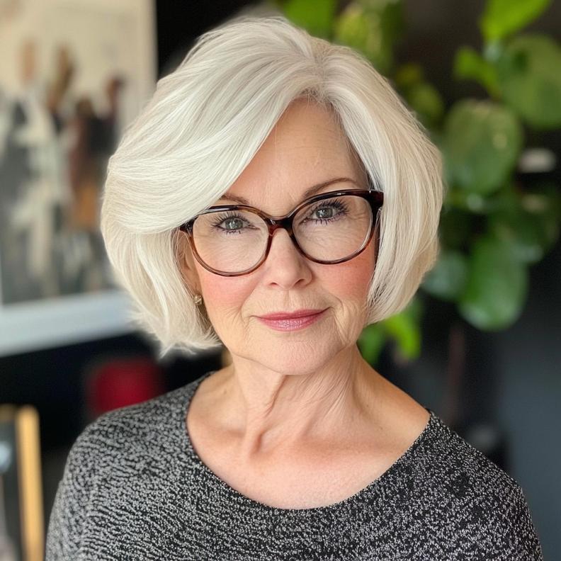 Feathered bob for women over 70 with glasses, giving a soft and feminine appearance.