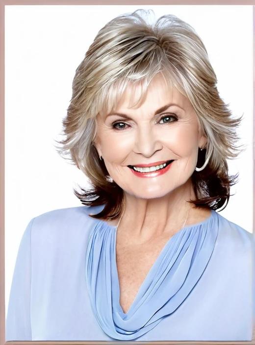 Feathered cut medium-length hairstyle for women over 60, with light and airy layers for a soft look.