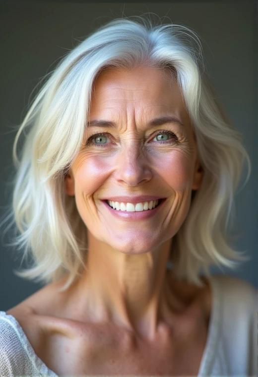 Feathered lob medium-length hairstyle for women over 60, light and breezy with feathered layers.