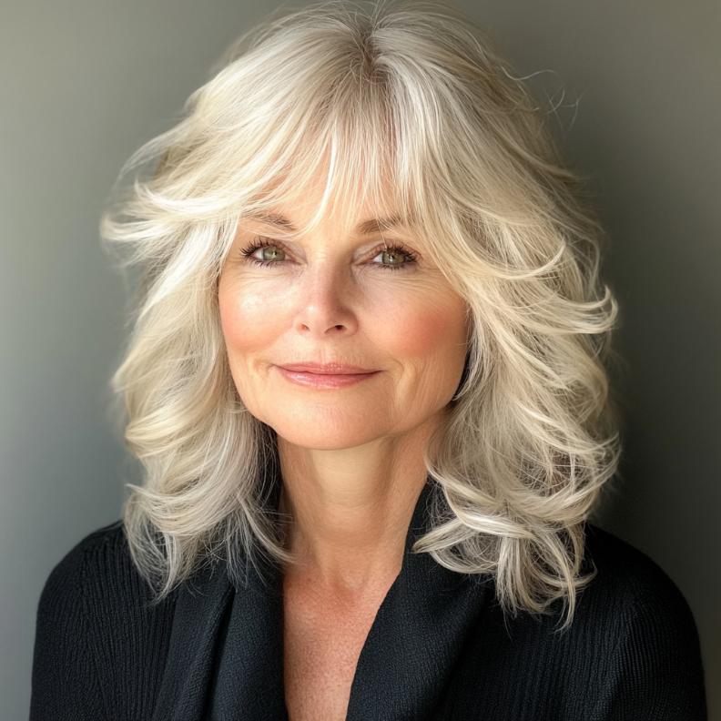 Feathered Shag Hairstyles for Women Over 60 featuring wispy bangs that frame the face elegantly.