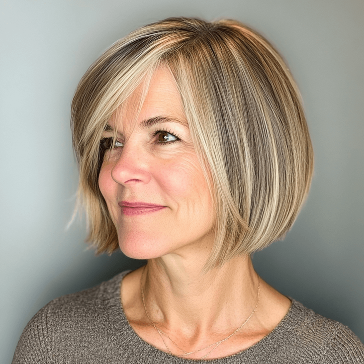 Flattering Bob with Face-Framing Layers for women over 50, featuring layers that highlight and soften facial features.