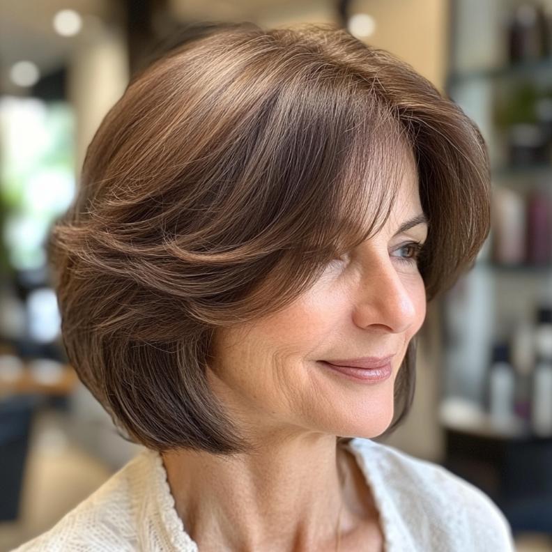 Full Voluminous Bob for women over 50, with layers that create body and bounce for a lively hairstyle.