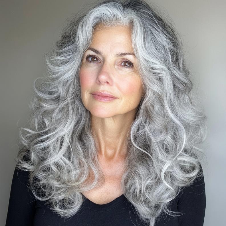 Gorgeous gray long layered curls for women over 50, adding volume and movement to the hair.