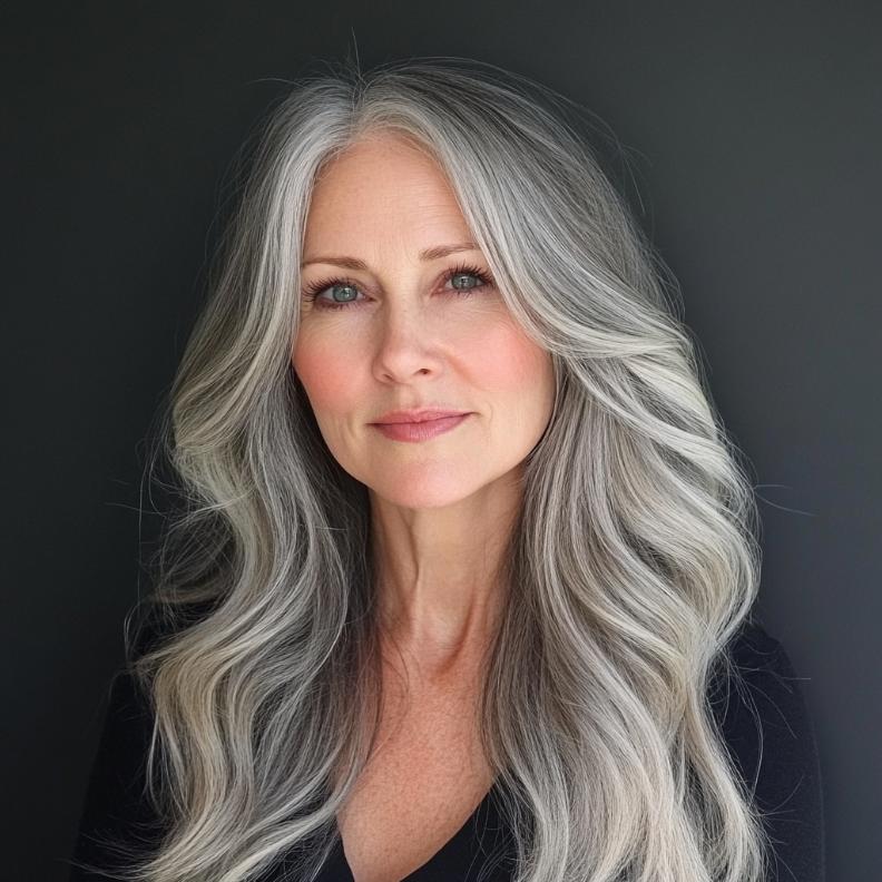 Gorgeous gray long waves with subtle highlights for women over 50, adding depth and dimension to the hair.