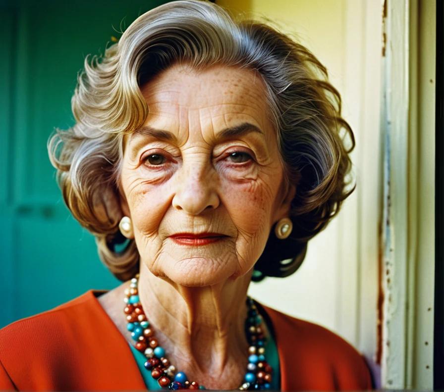 Graceful elderly woman with a layered bob and soft curls, looking youthful.