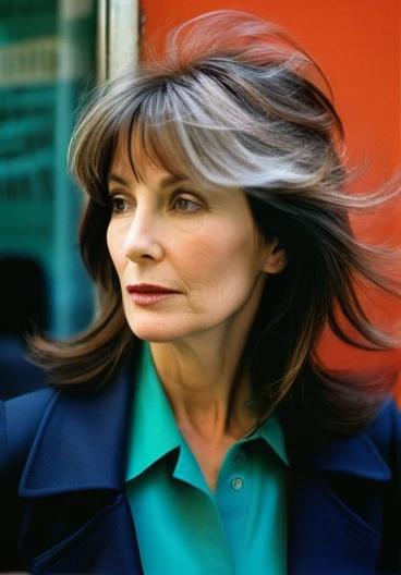 Graceful woman in her 50s with medium-length layers and side bangs, adding softness and movement to her look.