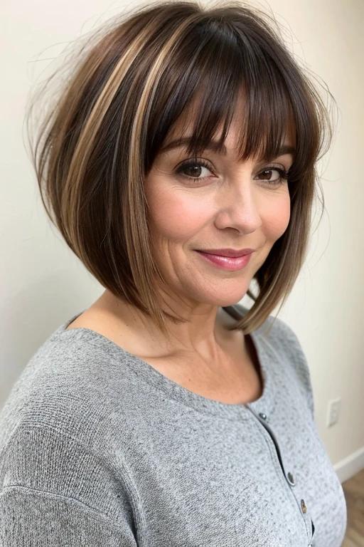 Highlighted layered bob with bangs for women over 50 with fine hair, offering dimension and a youthful look.