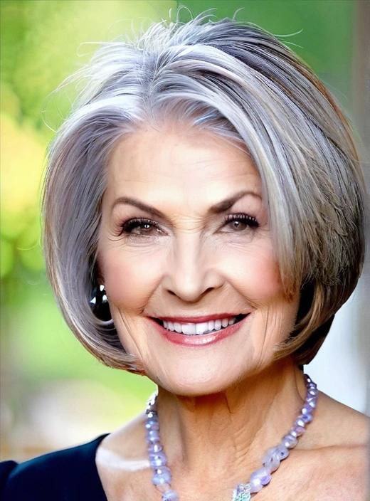 Inverted bob medium-length hairstyle for women over 60, shorter in the back for a dramatic effect.