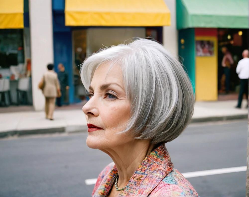 Inverted silver bob for a 60-year-old woman, creating a chic, contemporary style with a sharp, angled cut.