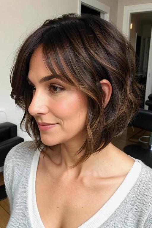 Layered bob hairstyle for women over 50 with fine hair, featuring soft layers to add volume and movement.