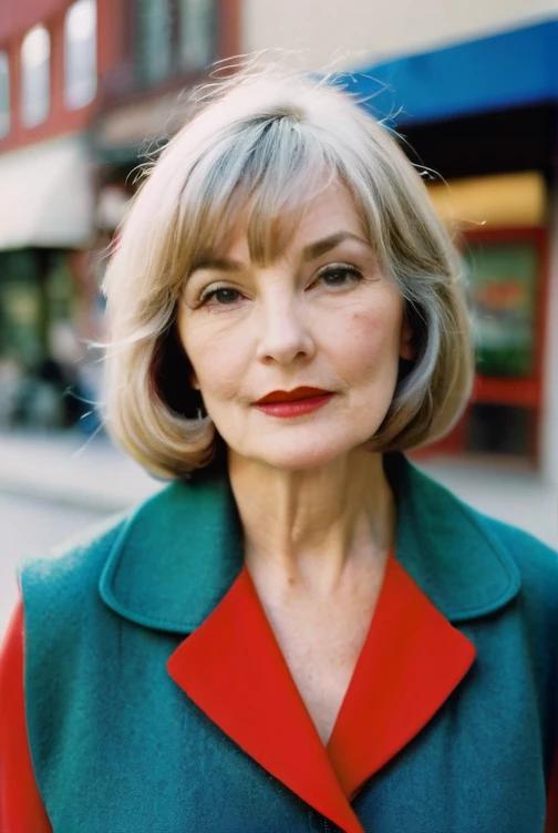 Layered chin-length bob with soft bangs, giving a chic and youthful look to a fashionable woman over 60.