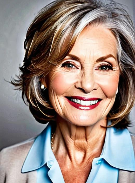 Layered lob medium-length hairstyle for women over 60, adding depth and dimension with layers.