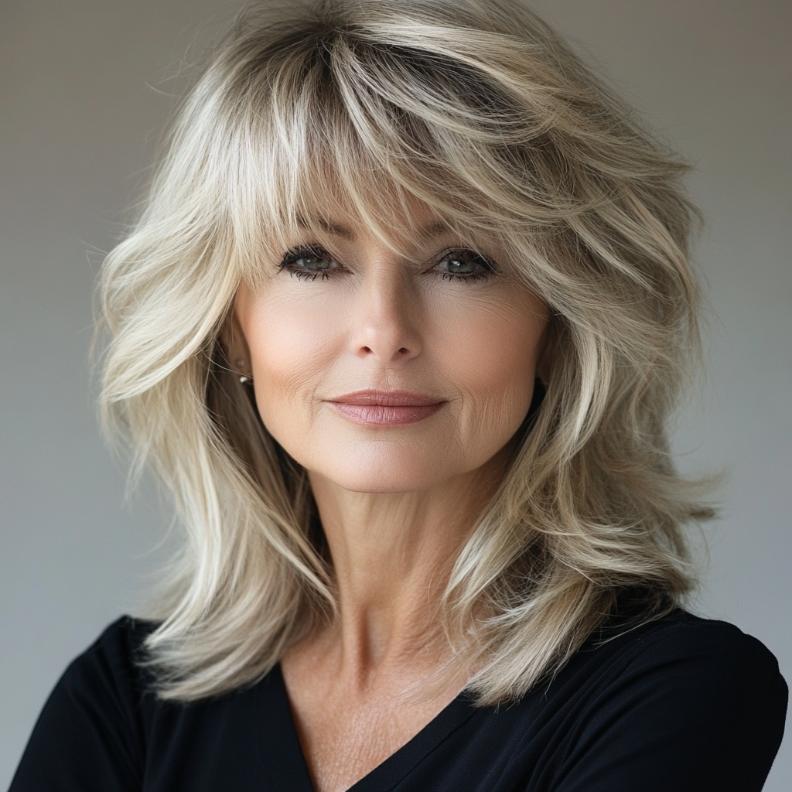 Layered shag hairstyle for women over 60 with full bangs, adding fullness and framing the face beautifully