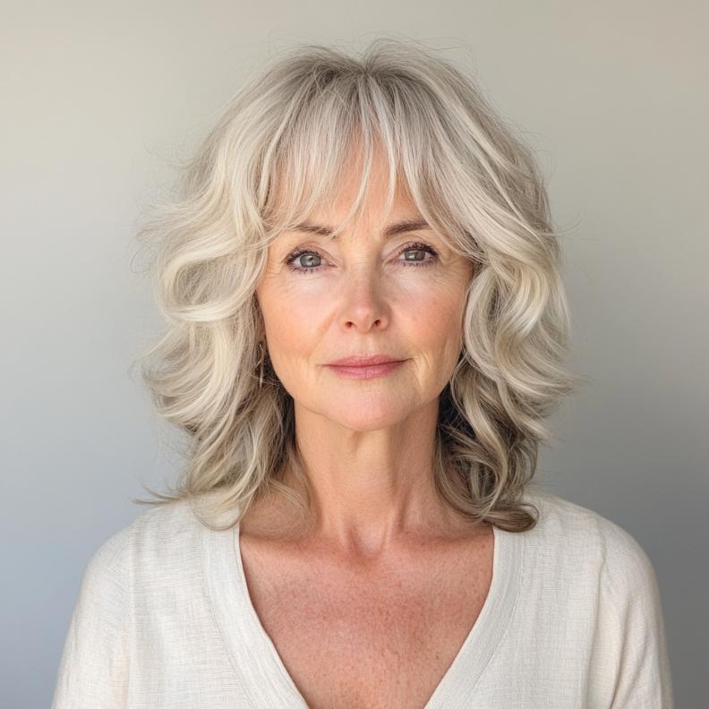 Layered shag hairstyle for women over 60 with undone waves, offering an effortlessly chic style.