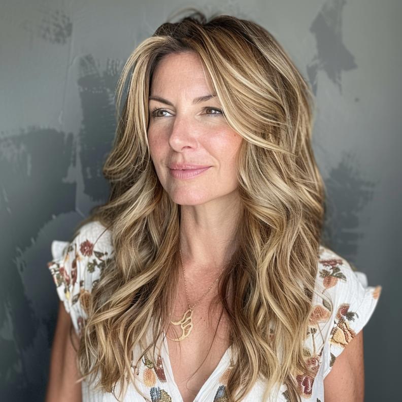 Long Beach Waves for Women Over 40 with Thick Hair, offering a relaxed, sun-kissed style with flowing texture.